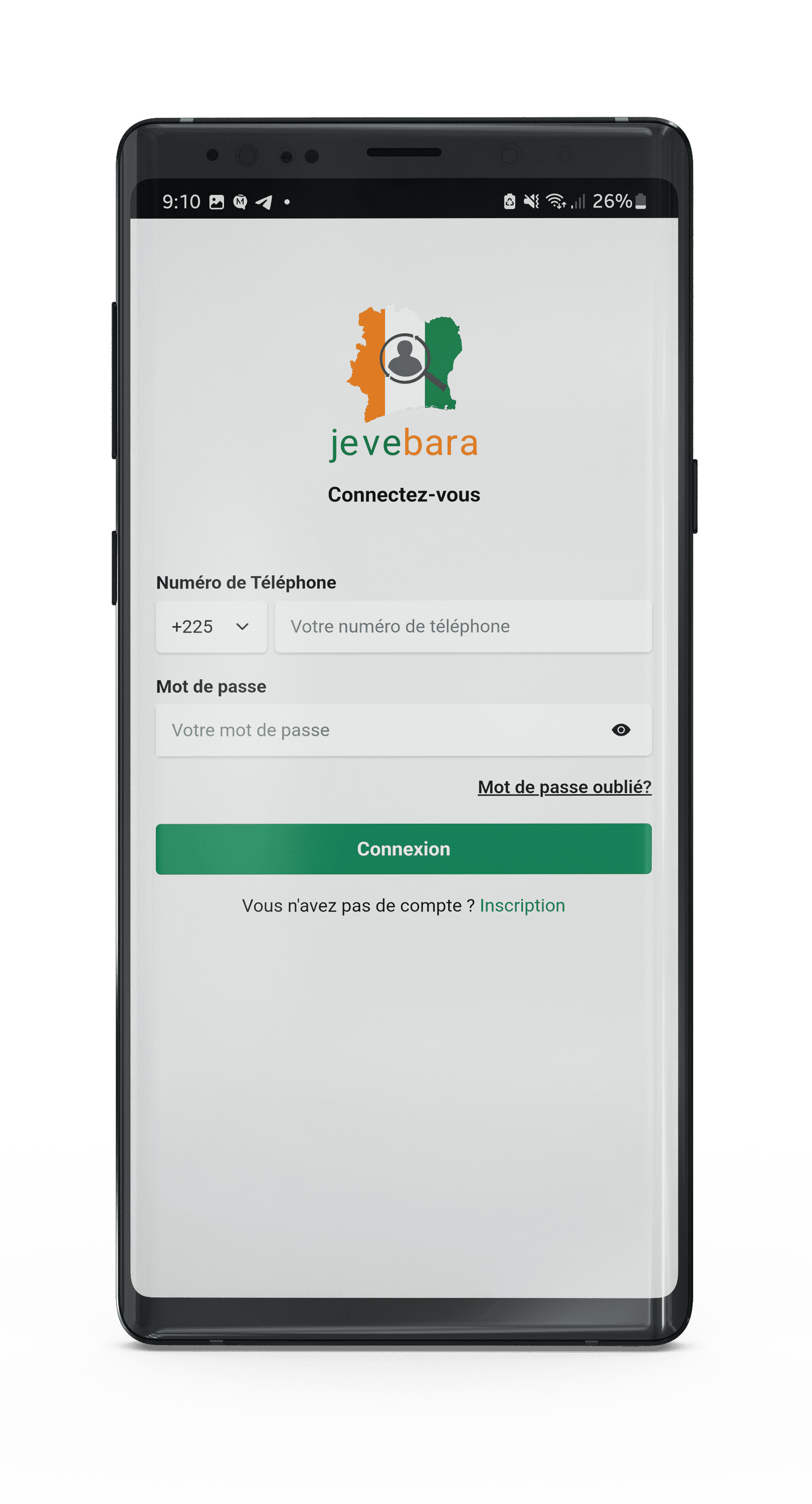 Voici la première fenêtre de l'application. Si tu es nouveau, clique sur "Inscription".